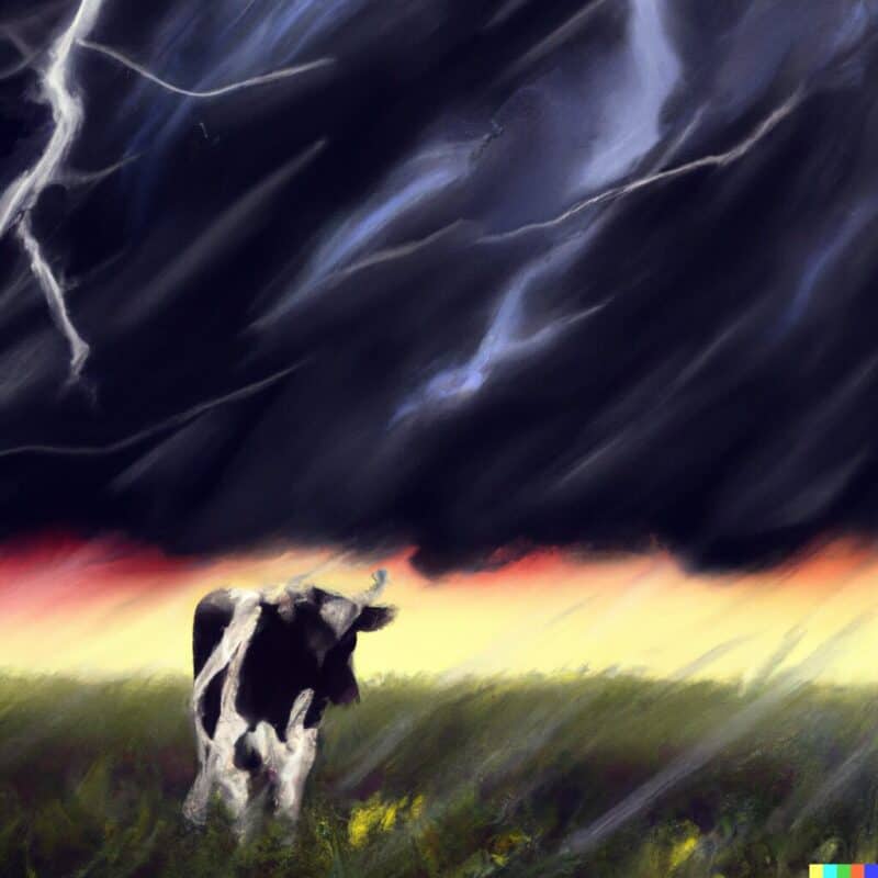 Digital art of a cow shown in the midst of an erratic thunderstorm. 