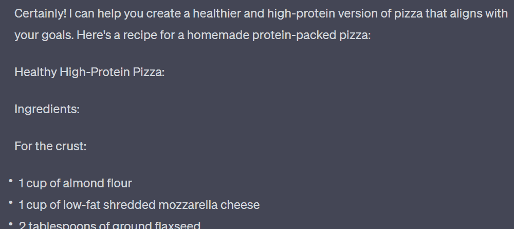 AI suggest recipe for healthier high protein pizza