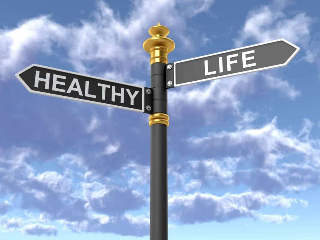 A direction board with two signs reading "Healthy Life"