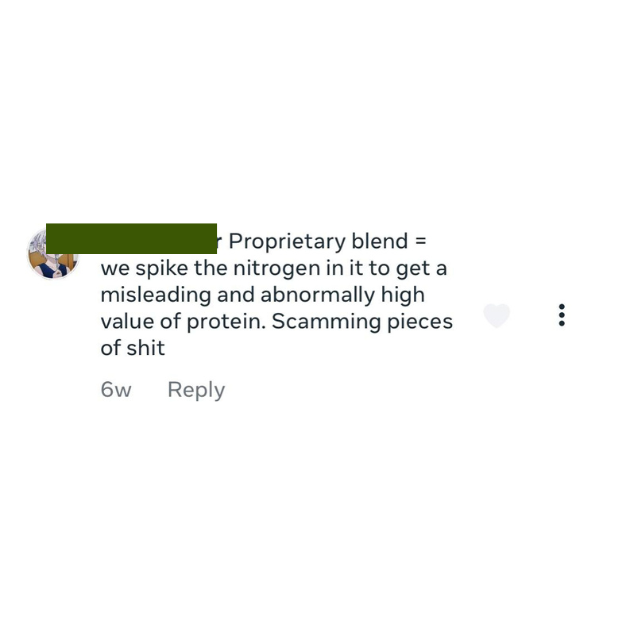 A negative comment claiming that Hyper Whey is fake whey protein because it is "supposedly" a proprietary blend